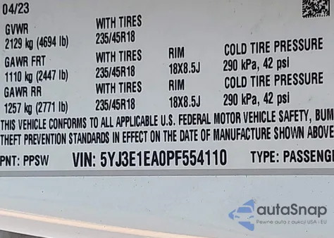 2023 Tesla Model 3 Rear-Wheel Drive z USA, uszkodzony, nr VIN 5YJ3E1EA0PF554110